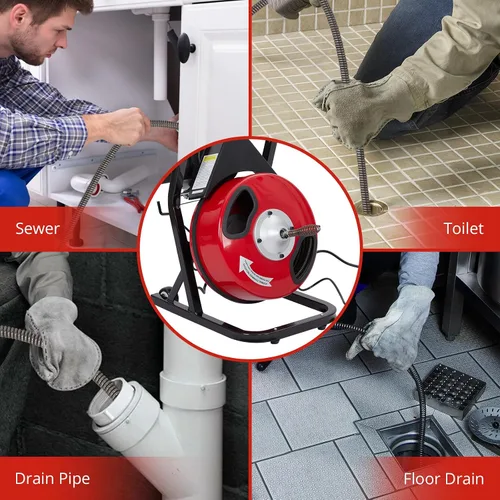 Vista 3 de Zstar Máquina limpiadora de drenaje de 50 pies x 1/2 pulgada, alimentación automática de barrena de alcantarillado con 4 cortadores e interruptor