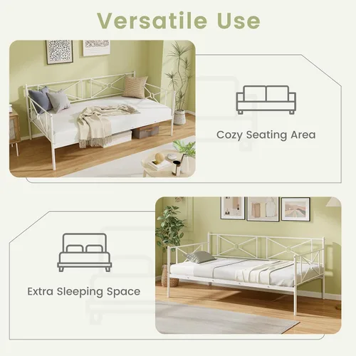 Vista 6 de KOMFOTT Marco de cama de metal de tamaño individual, plataforma de soporte de listones de acero resistente, sofá cama multifuncional con cabecero