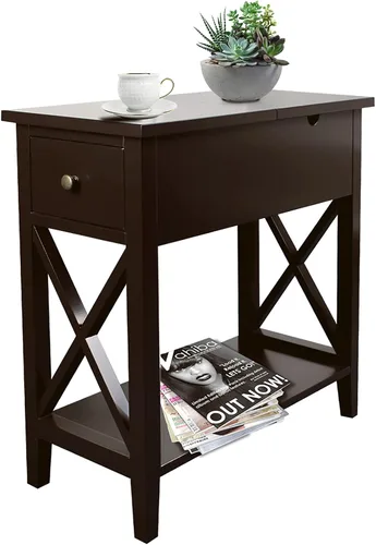 Vista 10 de ChooChoo Mesa auxiliar, mesa auxiliar estrecha abatible con estación de carga Narrow Side Table with USB Ports and Outlets, Nightstand with