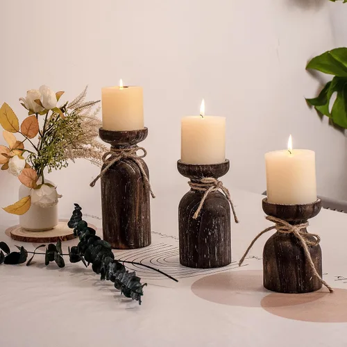 Vista 5 de Portavelas de madera de granja para velas de pilar, juego de 3 portavelas de madera rústica con cuerda de cáñamo, decoración de mesa de mesa