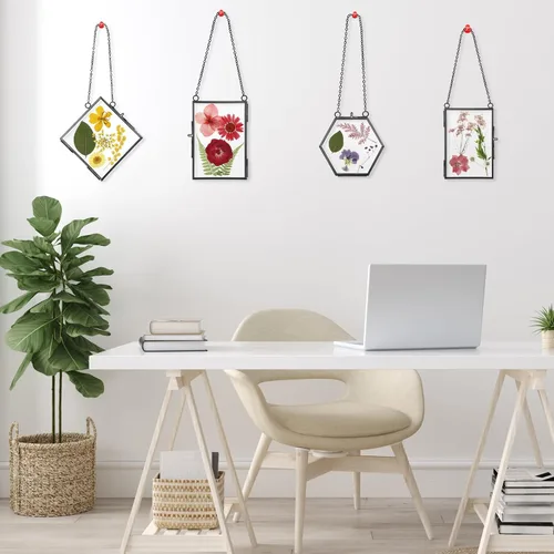Vista 7 de Bucherry Marco de vidrio para bricolaje, arte de flores prensadas, marco de fotos colgante de latón con cadena y 6 estilos de flores prensadas