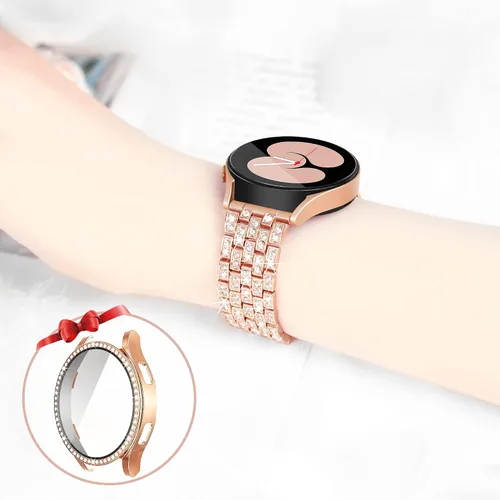 Vista 5 de Correa de diamantes compatible con Samsung Galaxy Watch 4 y 5, correa de 1.575 pulgadas con protector de pantalla, 0.787 pulgadas de liberación Oro
