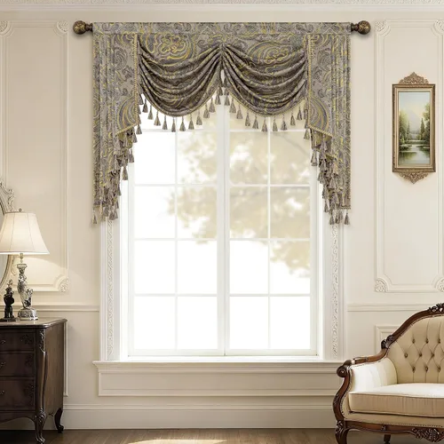 Vista 29 de Loom and Mill Cenefa de cascada de lujo de jacquard para sala de estar, elegantes cenefas de ventana con festones y cuentas damascadas, cortinas
