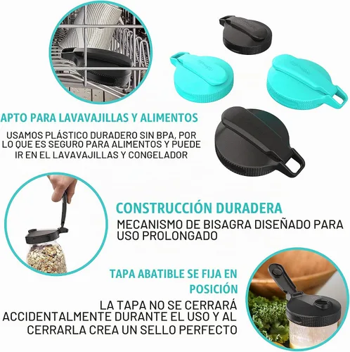 Vista 4 de Masontops Tapas Multi Top con Tapa Abatible para Frascos Mason - Boca Regular y Pequeña - Beber, Verter, Almacenar y Más - A Prueba de Fugas Paquete