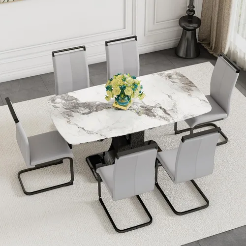 Vista 26 de Moderno juego de mesa de comedor para 4, mesa de vidrio de 63 pulgadas y base de MDF, mesa de comedor de mármol sintético negro con 4 sillas Mesa