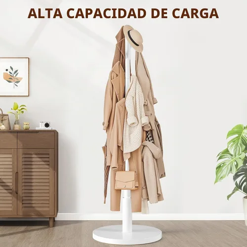 Vista 5 de Perchero de madera independiente con 8 ganchos de punta redonda, 3 alturas ajustables para entrada, dormitorio, pasillo, oficina (blanco)