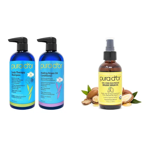 Vista 8 de PURA D'OR Juego de champú y acondicionador para terapia del cuero cabelludo (16 onzas líquidas x 2) + aceite de argán protector térmico en aerosol