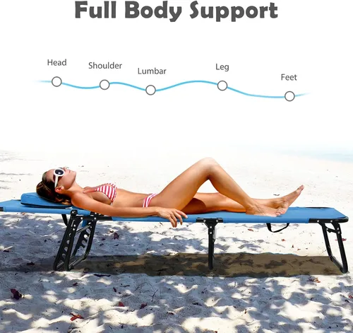 Vista 5 de Sillón plegable de playa con 5 respaldos ajustables y almohada acolchada, tumbona para tomar el sol, silla plana de bronceado para cubierta de Azul