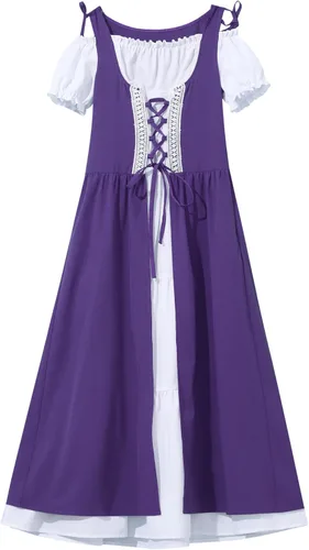 Vista 3 de MSemis Disfraz renacentista de princesa vintage con hombros descubiertos para niñas, conjunto gótico de Halloween