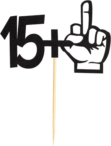 Vista 3 de Decoración para tartas con purpurina negra con dedo medio 15+1, decoraciones para fiesta de cumpleaños de 16 años, suministros divertidos