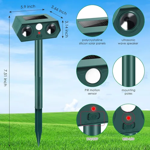 Vista 7 de Paquete de 2 repelentes ultrasónicos de animales alimentados por energía solar con detección de movimiento, disuasorio impermeable IP66 para gatos