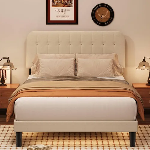 Vista 5 de Gizoon Base de cama Queen con cabecero, cama de plataforma tapizada con listones de madera resistentes, sin ruido, no necesita somier, fácil