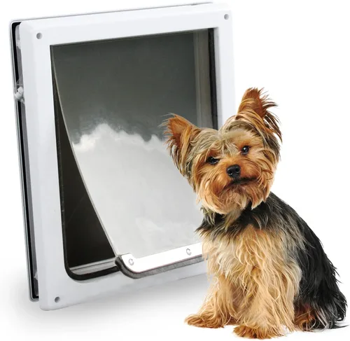 Vista 8 de Puerta corredera interior con solapa para perros, 2 maneras de bloqueo para mascotas, puerta de cristal con solapa transparente