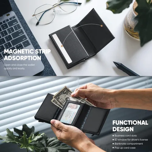 Vista 4 de VULKIT Cartera plegable de piel auténtica con compartimento para billetes, ventana de identificación y bolsillo para monedas, Negro