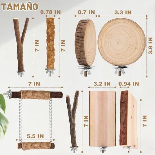 Vista 5 de Perchas para pájaros de 7 piezas para jaula, soporte de madera para loros con tenedor, plataforma colgante de múltiples ramas, columpio para hamaca