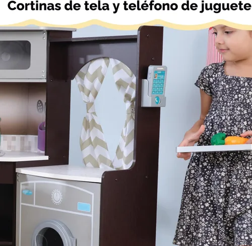 Vista 9 de KidKraft Ultimate - Cocina de esquina de madera con luces y sonidos, teléfono de juego y cortinas, Espresso, regalo para niños de 3 años en adelante