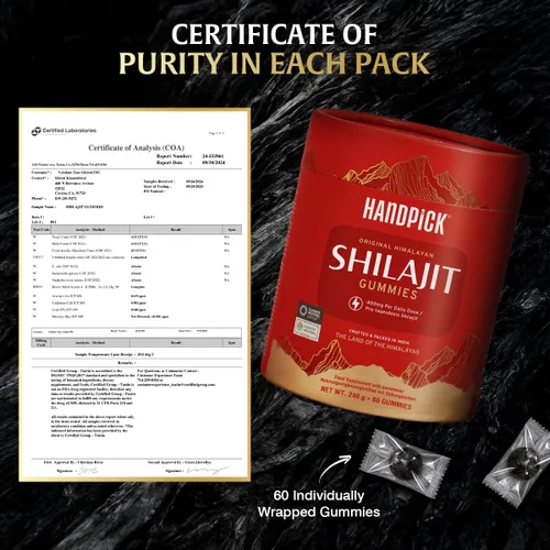 Vista 2 de HANDPICK, Gomitas Shilajit puras del Himalaya (60 gomitas) Alta potencia para hombres y mujeres Minerales esenciales de traza, 75% más de ácido
