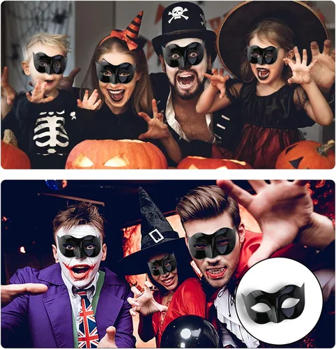 Vista 4 de Kaliosy Paquete de 5 máscaras negras de Halloween para parejas, máscara de carnaval veneciano para mujeres y hombres, decoración de fiesta