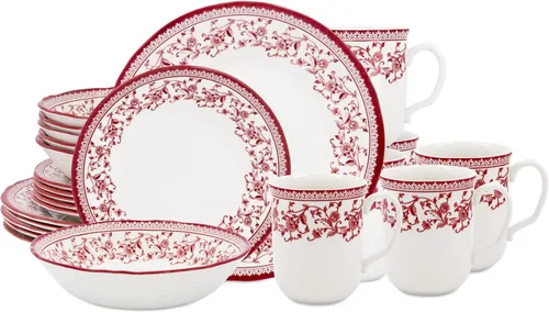 Vista 26 de TUDOR ROYAL - Juego de vajilla redonda de porcelana de 12 piezas, servicio para 4, diseño azul aster, multicolor floral, platos, tazones, tazas