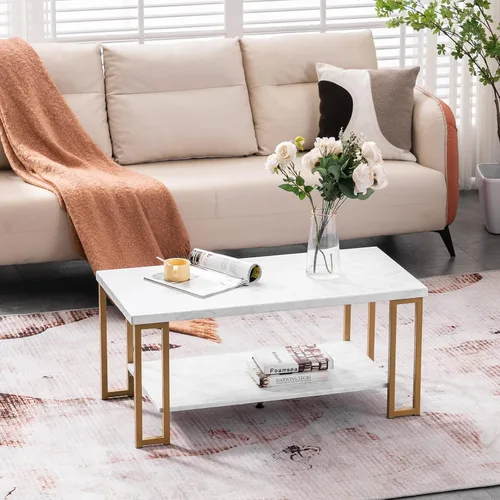 Vista 4 de Mesa de centro con estampado de mármol blanco con patas de metal dorado, mesa central de 2 niveles para sala de estar, mesa rectangular simple