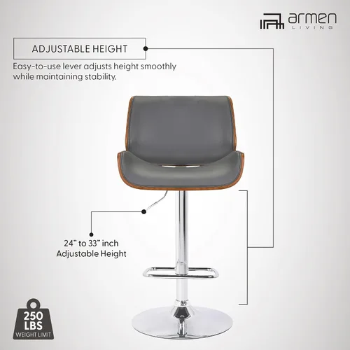 Vista 14 de Armen Living London Taburete de bar moderno giratorio de altura ajustable de piel sintética gris y madera de nogal con base cromada para encimera