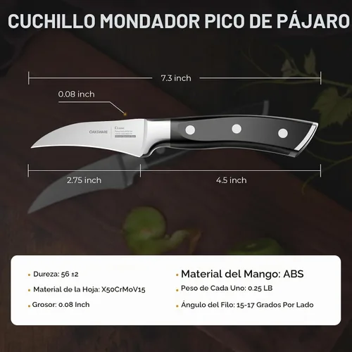 Vista 7 de OAKSWARE - Cuchillo de pelar con pico de pájaro, cuchillo profesional afilado de 2.75 pulgadas German High Carbon Steel Curved Peeling Knife for