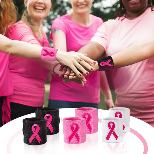 Vista 4 de Suddora Pulseras de cinta rosa - Bandas para el sudor a granel para concientizar el cáncer de mama Negro - 1 par (paquete de 2)