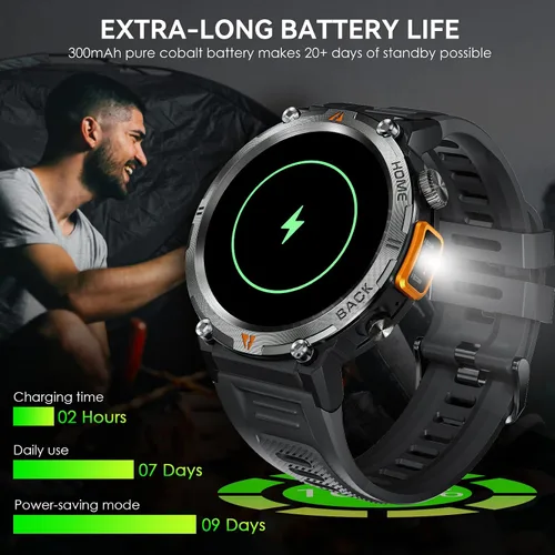 Vista 12 de Reloj inteligente militar para hombres con linterna LED 1.45 "HD Bluetooth Negro + correa de acero inoxidable extra