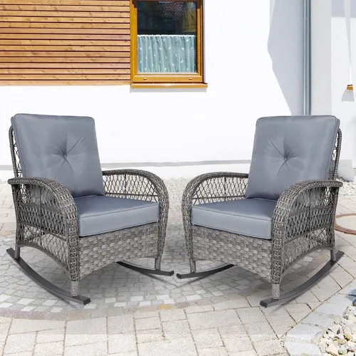 Vista 16 de Mecedora de mimbre para exteriores, silla mecedora de ratán para patio con marco de acero, silla mecedora para césped, muebles de patio, mimbre Beige