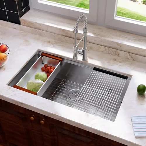 Vista 9 de Fregadero de cocina moderno con estación de trabajo de calibre 18 de 30 pulgadas, fregadero de cocina R10 de acero inoxidable de radio ajustado