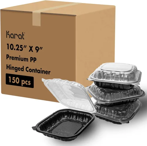 Vista 13 de Karat Contenedor con Bisagras de PP Premium [300 ct], Contenedores de Comida para Llevar - Caja (6"x6", 1 compartimento)