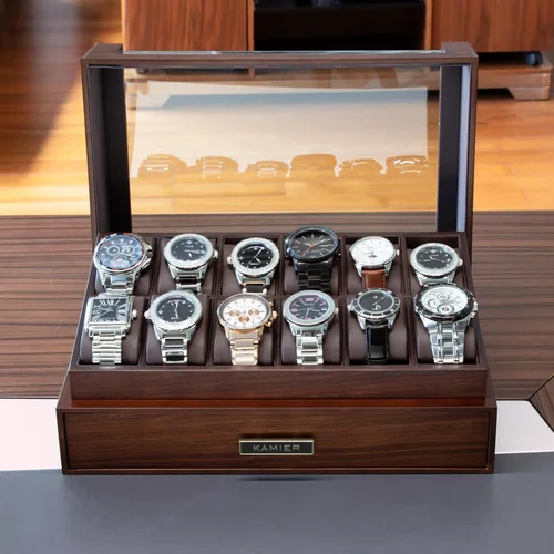 Vista 3 de KAMIER Caja organizadora de relojes con 12 ranuras para hombres, organizador de caja de reloj de madera de dos niveles para hombres con soporte