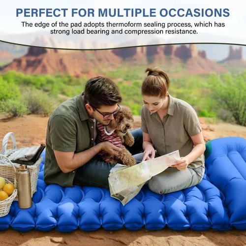 Vista 6 de FUN PAC Almohadilla de dormir para acampar con almohada Bomba de pie incorporada Esterilla de dormir inflable compacta para acampar mochilero Azul