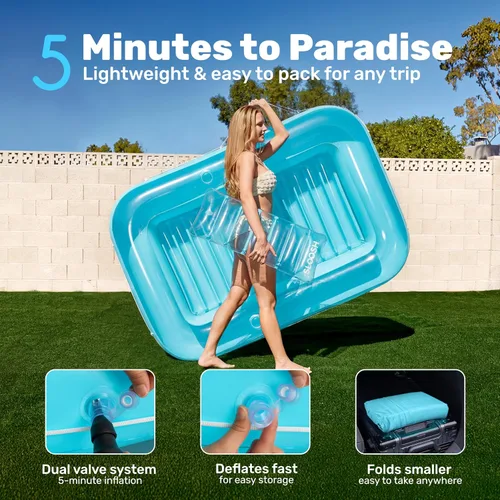 Vista 6 de SLOOSH Flotador inflable, camastro para adultos, con almohada, 178 x 117 cm, 4 en 1: balsa-tina bronceadora, camastro para tomar el sol, fiestas Azul