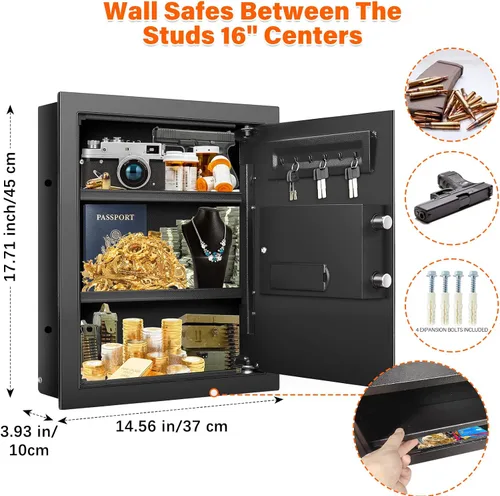 Vista 3 de Caja fuerte de pared de 17.7 pulgadas de alto entre los postes de 16 pulgadas, caja fuerte de pared oculta con 2 estantes extraíbles y bandeja