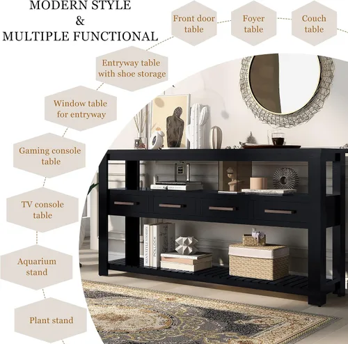 Vista 5 de LUMISOL Mesa consola con 4 cajones y estantes abiertos de 3 niveles, mesa de sofá de madera detrás del sofá con asas de metal, mesa de entrada