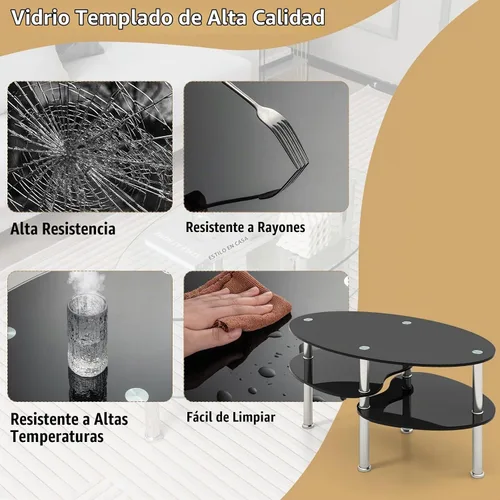 Vista 7 de Giantex Mesa de centro ovalada de vidrio templado transparente de 3 niveles con patas cromadas resistentes, mesa auxiliar de sofá pequeña, mesa