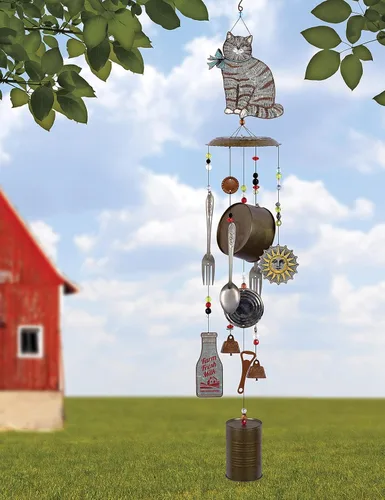 Vista 2 de Sunset Vista Designs Campanilla de viento de metal para gatos de granja galvanizada