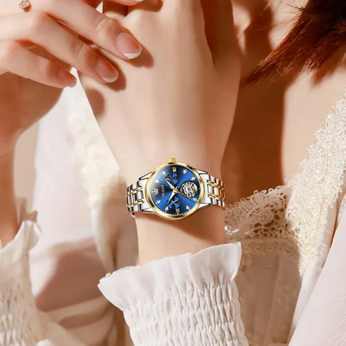Vista 3 de OLEVS - Relojes Automáticos para Mujer con Tourbillon de Diamante, Relojes de Pulsera Elegantes, Fase Lunar, Impermeables, Luminosos
