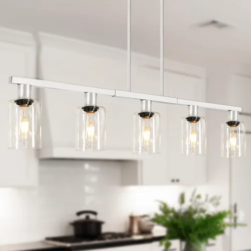 Vista 16 de Iluminación de isla de cocina de 4 luces, lámpara cromada para comedor, luz de isla para colgar sobre la mesa para candelabros lineales de granja