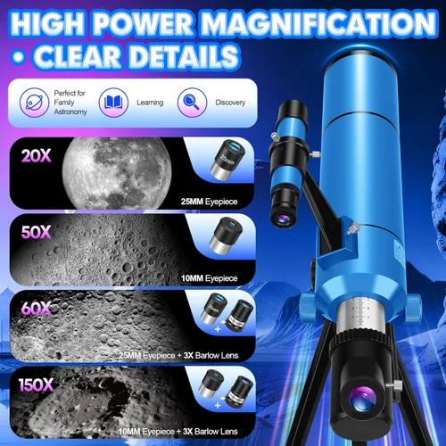 Vista 4 de Telescopio para adultos y niños, apertura de 80 mm, 500 mm (20X-150X) Telescopio refractor profesional para principiantes de astronomía, telescopios