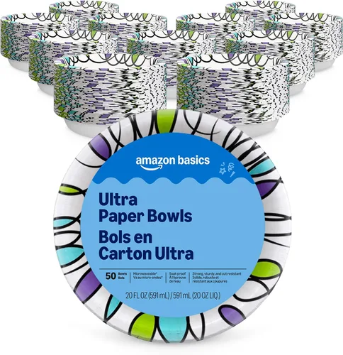 Vista 9 de Amazon Basics - Cuencos de papel ultra desechables, 20 onzas, aptos para microondas, a prueba de remojo, fuertes y resistentes, color blanco, 50