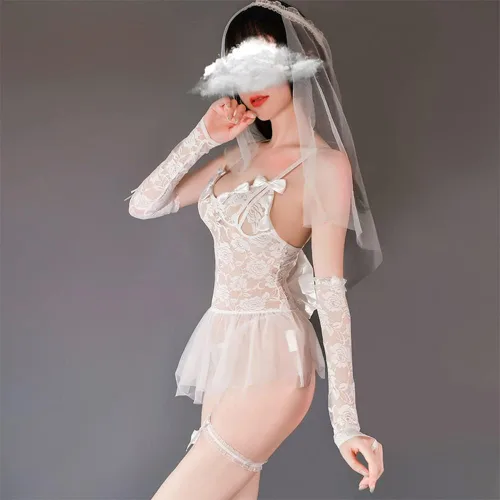 Vista 3 de Vestido de novia de cosplay para mujer, conjunto de lencería sexy de anime japonés