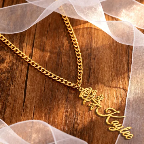 Vista 12 de TRANGEL Custom Birth Flower Name Necklace Personalized 18K Gold Plated Necklace Floral Pendant Jewelry Mothers Christmas Birthday Gift for Women