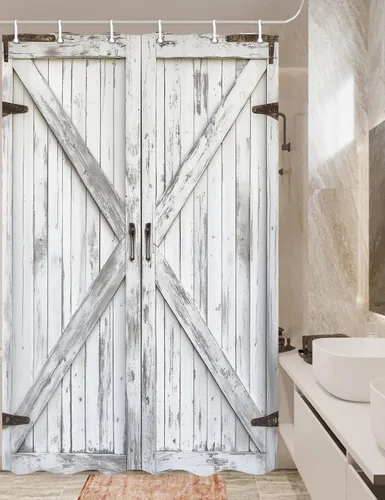 Vista 10 de JAWO Cortina de ducha rústica para puerta de granero, estilo occidental, para baño, tablero de madera marrón, tela impermeable de poliéster