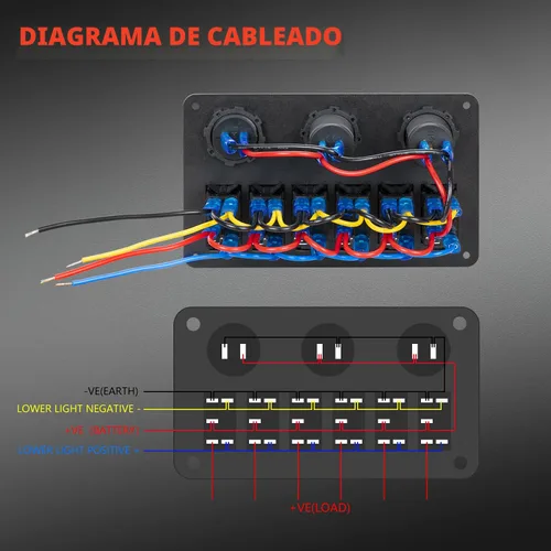 Vista 6 de DaierTek Panel de interruptores basculantes marinos de 6 bandas, impermeable, 12 voltios, panel de interruptor de palanca de barco de 12 V con luz