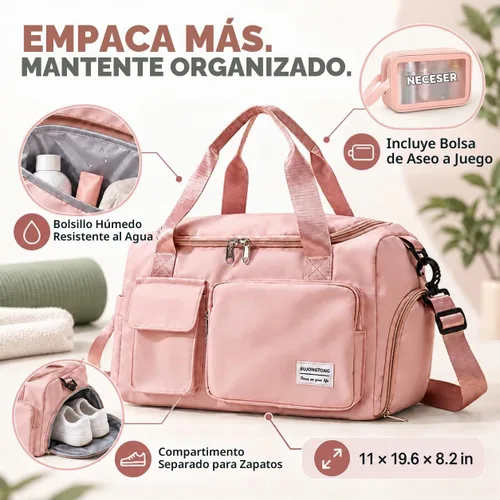 Vista 6 de Bolsa de Gimnasio Pequeña para Mujer, Bolsa de Lona de Viaje, Bolsa de Fin de Semana con Compartimento para Zapatos rosado