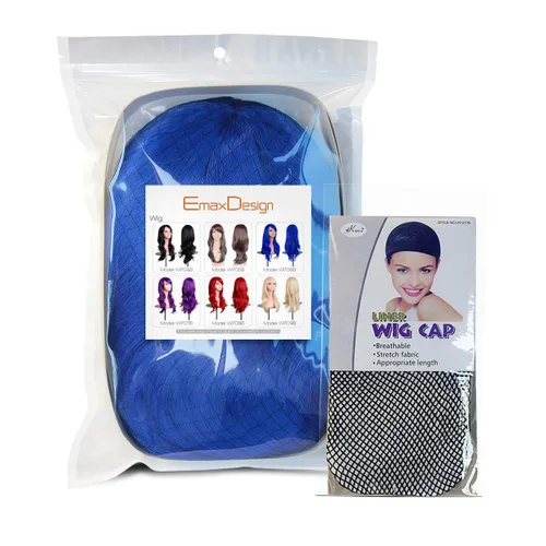 Vista 5 de EmaxDesign Pelucas de 28 pulgadas ondulado rizado Cosplay peluca con gorra de peluca y peine (azul oscuro)