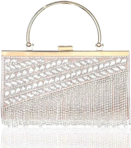 Vista 2 de Yokawe Bolso de mano con cristales brillantes para mujer bolso de noche con borla de diamantes de imitación para bodas fiestas bailes cócteles
