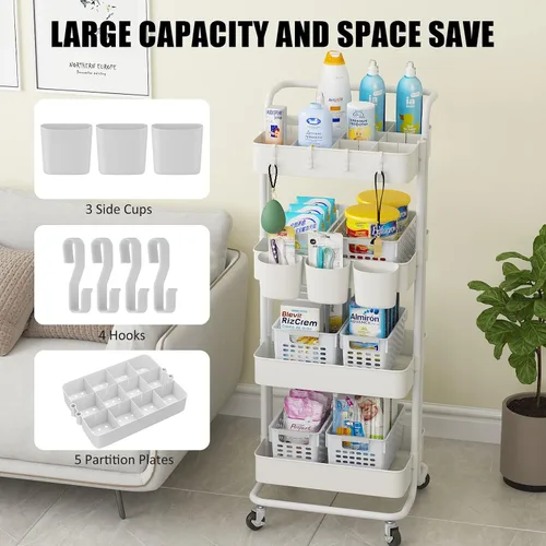 Vista 5 de Devo Carrito con ruedas de 4 niveles, carrito de almacenamiento resistente, con asa, 4 ganchos laterales, 2 tazas de almacenamiento y ruedas